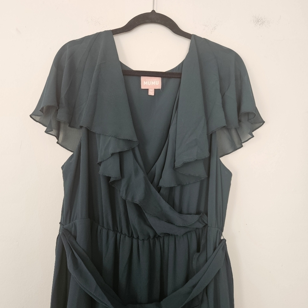 Show Me Your Mumu Jess Ruffle  Midi Dress in Emerald Chiffon size 3X SMALL FLAW - Picture 4 of 8